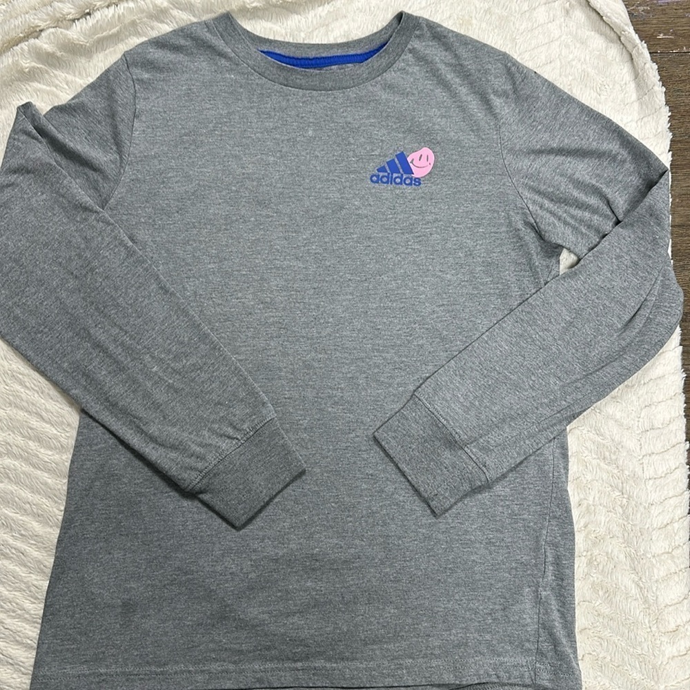 Adidas Boys Long Sleeve Gray Cotton Blend Graphic Tee - Size Large